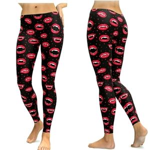 NEW Halloween Red Lips Fangs Polka Dot Leggings Small Black